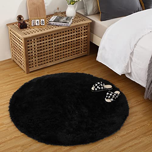 CAROMIO HochflorTeppich für Schlafzimmer Wohnzimmer Kinderzimmer Zuhause dekorativer Rutschfester Fellteppich Gemütlicher Bodenteppich Modern Teppich für Innenbereich, Schwarz 140 x 140 cm Rund von CAROMIO