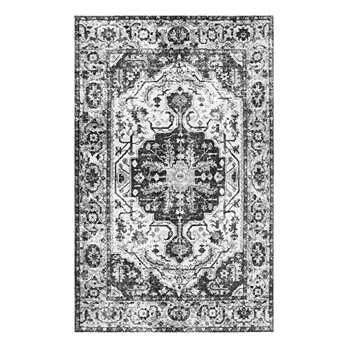 CAROMIO Klein Waschbarer Teppich，Indoor Wasser & Schmutzabweisender Vintage-Teppich Rutschfester Kurzflor mit Orientalischem Design Teppich für Wohnzimmer Esszimmer Küche, Schlafzimmer 60 x 100 Grau von CAROMIO