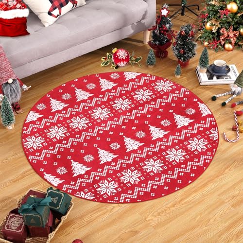 CAROMIO Maschinenwaschbarer runder Weihnachtsteppich für Schlafzimmer, Innenbereich, Überwurf, Weihnachtsbaum, Schneeflocke, dekorativer Wohnzimmerteppich, 120 x 120 cm von CAROMIO