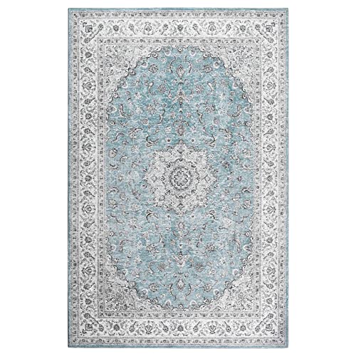 CAROMIO Teppich Schlafzimmer, In & Outdoor Waschbar Schmutzabweisender Vintage-Teppich, Rutschfester Kurzflor Mit Orient-Design, Teppich für , Wohnzimmer, Esszimmer, Küche, 80 x 150 cm, Blau von CAROMIO