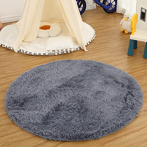 CAROMIO Runder Hochflor-Teppich für Schlafzimmer Wohnzimmer Kinderzimmer Zuhause Dekorativer Rutschfester Flauschiger Pelzteppich Bequemer Kinderzimmer Akzent Bodenteppich, Solid Grau 120 x 120 cm von CAROMIO