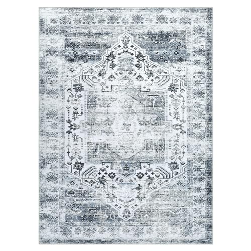 CAROMIO Waschbarer Orientalischer Teppich für Wohnzimmer, Weicher Teppich für Schlafzimmer Wasserdicht Blumenmuster für den Innenbereich Schmutzabweisend Fusselfrei Bodenteppiche, Grau 80 x 150 cm von CAROMIO