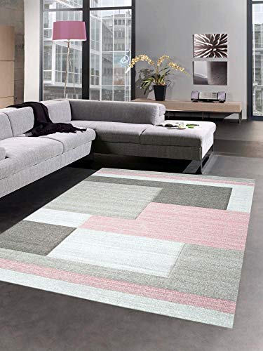 CARPETIA Moderner Teppich Kurzflor Wohnzimmerteppich Konturenschnitt Karo abstrakt Pastell rosa grau Taupe Größe 240 x 340 cm von CARPETIA