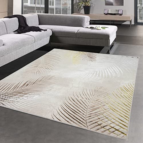 CARPETIA Moderner Wohnzimmer Designerteppich mit Palmenzweigen | pflegeleicht | Creme Gold, 240 x 340 cm von CARPETIA