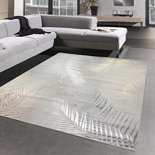 CARPETIA Moderner Wohnzimmer Designerteppich mit Palmenzweigen | pflegeleicht | grau Gold, 240 x 340 cm von CARPETIA