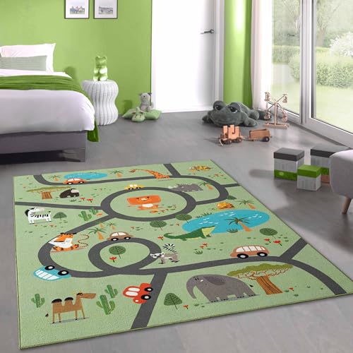 CARPETIA Teppich Kinderteppich Spielteppich Kinderzimmer modern rutschfest waschbar pflegeleicht Safari Straßenteppich grün 120 x 160 cm von CARPETIA