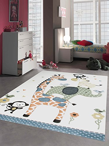 CARPETIA Teppich Kinderzimmer Babyzimmer Zootiere AFFE Giraffe Elefant Zebra blau grün Größe 200 x 290 cm von CARPETIA