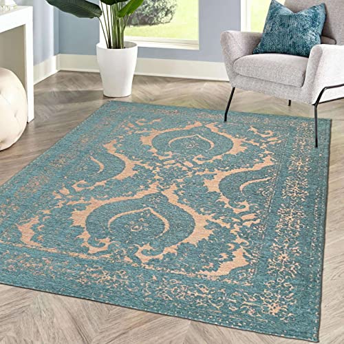 CARPETIA Teppich Schlafzimmer Orientalisches Muster Ornamente Pflegeleicht Schmutzabweisend | Petrol Gold, 200 x 290 cm von CARPETIA