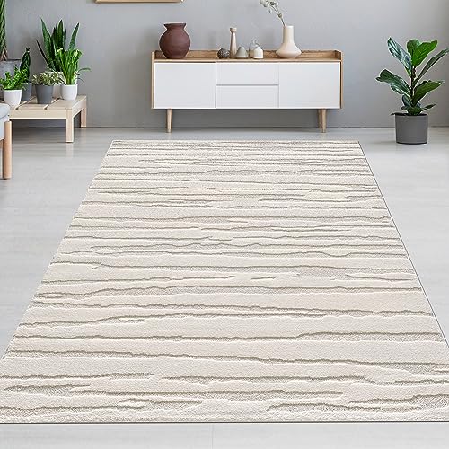 CARPETIA Teppich Wohnzimmer Schlafzimmer Designer Kurzflor-Teppich Hoch Tief Effekt modern abstraktes Muster weich pflegeleicht groß XXL einfarbig Uni Creme 240x340 cm von CARPETIA