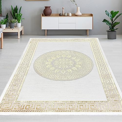 CARPETIA Teppich Wohnzimmer Schlafzimmer Mäander Kurzflor bezaubernd edel Ornamente orientalisch glänzend riesig XXL Creme Gold 240 x 340 cm von CARPETIA