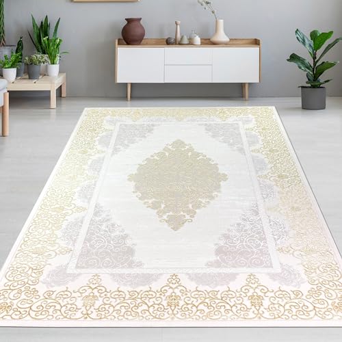 CARPETIA Teppich Wohnzimmer Schlafzimmer Orient elegant Ornamente glänzend Mäander riesig XXL Kurzflor edel Creme Gold 240x340 cm von CARPETIA