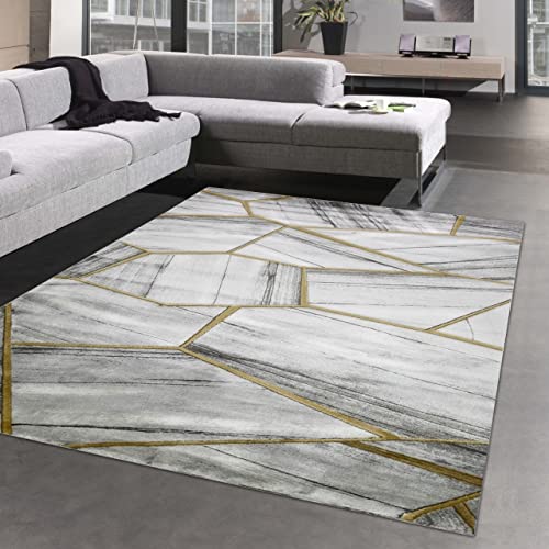 CARPETIA Teppich modern Wohnzimmerteppich geometrisches Muster grau Gold Größe 200 x 290 cm von CARPETIA