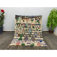 Boho Dekor Teppich Wohnzimmer Marokkanisch - Boucherouite Vintage -Schlafzimmer Strand -Abstrakte Rosa Und Blaue Kunst -Kinderzimmer von CARPETSABDELHADI