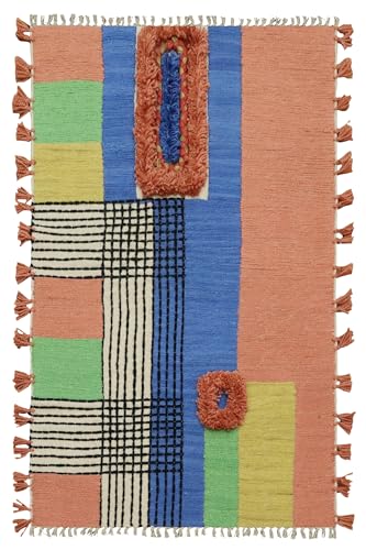 CASAVANI Kelim Teppich, 5 quadratische Teppiche für Boho-Teppich, für drinnen und draußen, blau, mehrere Baumwollteppich, Stickerei, waschbar, Dhurrie-Flachgewebe, Teppiche für Schlafzimmer, von CASAVANI