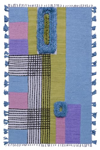 CASAVANI Kelim Teppich, 6 quadratische Teppiche für Flachgewebe, blau, mehrfarbig, Baumwollteppich, Stickerei, waschbar, für drinnen und draußen, für Schlafzimmer, quadratisch, Badezimmer, Küche, von CASAVANI