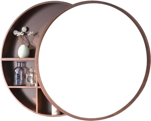 Runder Badezimmer-Spiegelschrank, Badezimmer-Wandschrank, Spiegel-Medizinschrank, mit Holzrahmen, 3 Ebenen (Color : Brown, Size : 70cm) von CATANK