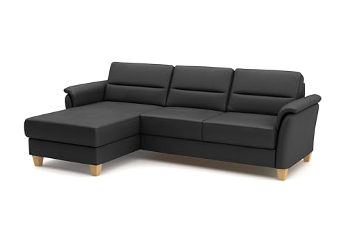 CAVADORE Leder-Ecksofa Palera mit Longchair / Landhaus-Couch mit Federkern + massiven Holzfüßen / 244 x 89 x 163 / Leder Schwarz von CAVADORE