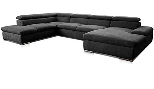 Cavadore Wohnlandschaft Alkatraz im modernen Design / U-Form mit Ottomane links und Longchair rechts / Inkl. Kopfteilverstellung / 350 x 73 x 226 / Schwarz von CAVADORE