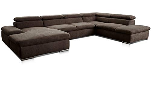 Cavadore Wohnlandschaft Alkatraz im modernen Design / U-Form mit Longchair links und Ottomane rechts / Inkl. Bettfunktion + Kopfteilverstellung / 350 x 73 x 226 / Braun von CAVADORE