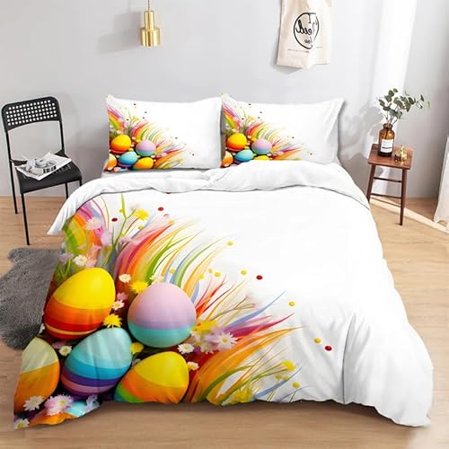 CCZM Bettwäsche 135x200 Frohe Ostern Microfaser Bettbezüge Set Ostereier 3 Teilig, Weich Atmungsaktiv Bettbezug Blume und 2 Kissenbezug 80x80 cm mit Reißverschluss von CCZM