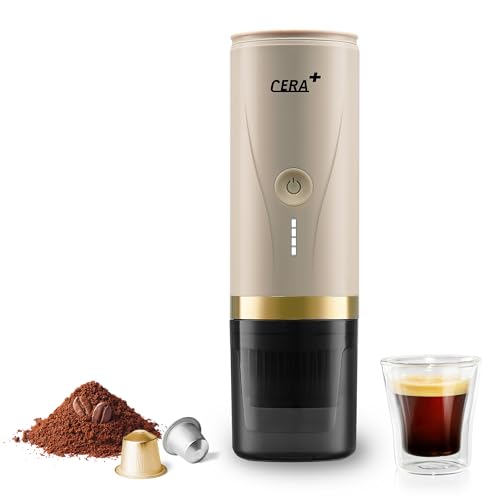 CERA+ Elektrische Tragbare Espressomaschine mit 3-4 Minuten Selbsthitzung, 20Bar 12V mini akku Kaffeemaschine,kompatibel mit NS-Kapsel &gemahlener Kaffee reise kaffeemaschine für Auto,Camping-Cream von CERA+