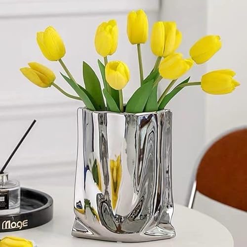 Keramik Vase, Moderne Blumenvase, Minimalistische Abstrakte Vase für Home Decor, Tisch Mittelstück Vase für Wohnzimmer, Schlafzimmer, Esszimmer, Hochzeit, Party (Silber, Klein) von CESTATIVO