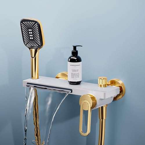 Badewannenarmatur Mit Handbrause, Wasserfall-Badewannenarmatur, Badewannenarmatur Zur Wandmontage, Einhebel-Wannenarmatur Aus Messing, Badezimmer-Badewannenarmatur-Set, Weiß (Weißgold) von CFDYMTJ