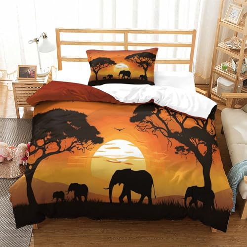 CGLTD Afrikanische Elefanten 3D Bettwäsche Set 2 Teilig Sonnenuntergang Bettbezug Set Mikrofaser Bettbezüge Mit Reißverschluss Und Kissenbezug Für Mädchen Junge Kinder Single（135x200cm） von CGLTD