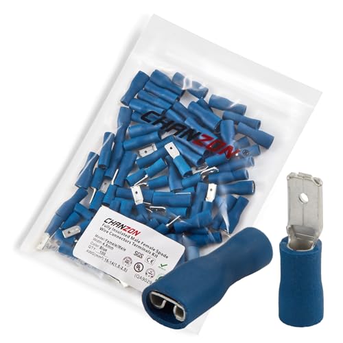 Chanzon 100 Stück 4,8 mm männlicher und weiblicher Flachstecker, Schnelltrenn-Set, halbisoliertes PVC – blau – 14 15 16 AWG Gauge Draht-Crimp-Anschluss, elektrisch, von CHANZON