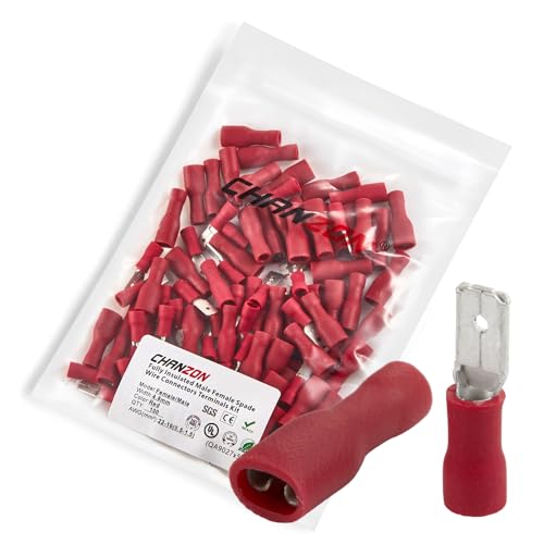 Chanzon 100 Stück 4,8 mm männlicher und weiblicher Flachstecker, Schnelltrenn-Set, rot, halbisoliert, PVC, rot, 16, 17, 18, 19, 20, 21, 22 AWG, Draht-Crimp-Anschluss, elektrisch von CHANZON