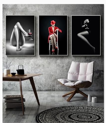 CHAOJIART Leinwanddrucke, nackte Frau, Weinglas, Gemälde, schwarz und weiß, sexy Mädchen, Poster, Wandkunst, moderne Bilder für Wohnzimmer, Dekoration, 80 x 110 cm x 3 cm, rahmenlos von CHAOJIART