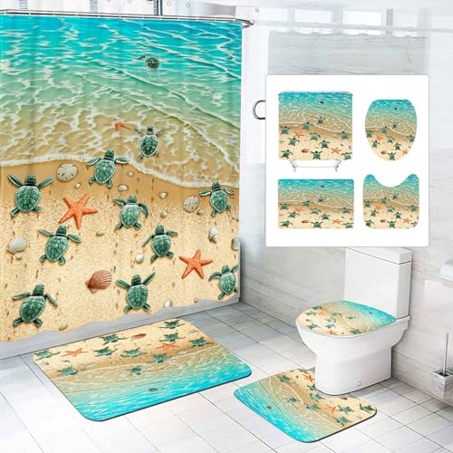 CHEFFS Meer Schildkröte Duschvorhang 180x180 180x200 Meeresschildkröte Blauer Ozean Duschvorhänge Set Polyester Fische Shower Curtains Badezimmerteppich 4-teiliges Set (200 x 200 cm(BxH),3) von CHEFFS