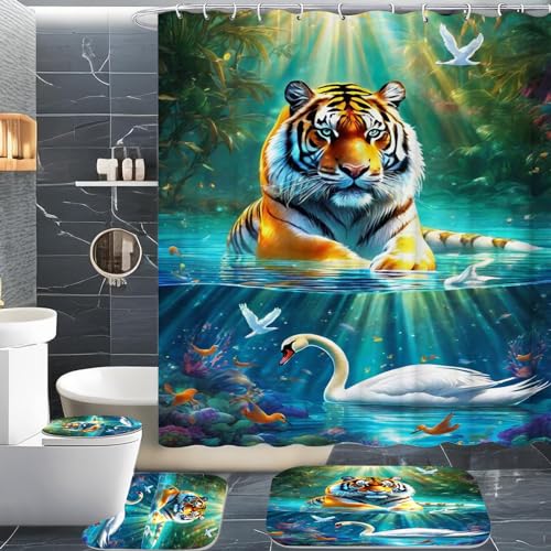 CHEFFS Tiger Duschvorhang 180x180 180x200 Tiger Wald Tier Textil Duschvorhänge Set Polyester Wilde Tiere Shower Curtains Badezimmerteppich 4-teiliges Set (200 x 200 cm(BxH),9) von CHEFFS