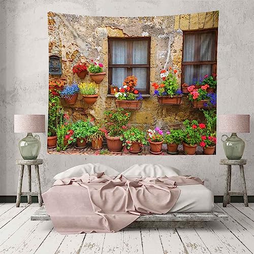 CHENGOR Toskanischer Italien-Wandteppich, alte Steinwand, Blumen, Fenster, Wandbehänge, Wandteppich, Wohnzimmer, Schlafzimmer, Schlafsaal, Männerhöhle, Hintergrund, 150 x 100 cm von CHENGOR