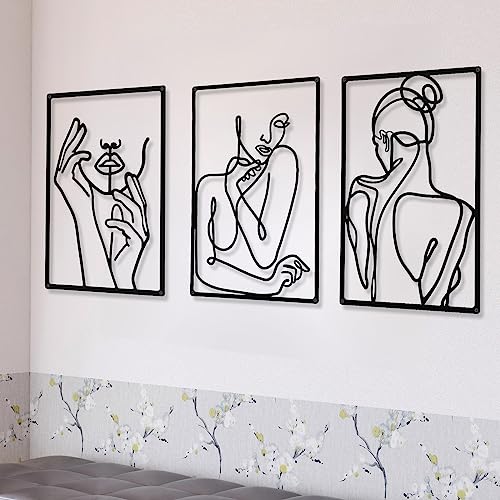 CHENGU Minimalistische abstrakte Frauen-Wandkunst, Linienzeichnung, Wandkunst, Dekoration, einzeilig, weiblich, zum Aufhängen, Wandkunst, Dekor für Küche, Badezimmer, Wohnzimmer, 3 Stück (schwarz, von CHENGU
