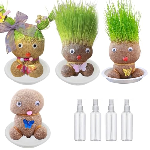 4 Stück Grass Head Doll Bonsai Growing Plants, Graskopf Puppenpflanze mit Tablett & Sprühflasche, Graskopf Wachsende Mini Graskopf Puppe Selbstwachsendes Gras Gartendeko Geschenk für Kinder von CHENRI
