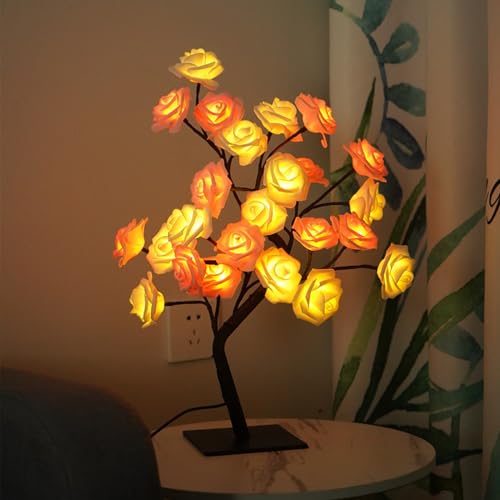 CHENRI Tree Lamp, Rosenbaum-Lampe, Leuchtende Rosen-Blumen-Baum-Lampe, Rosa Blume Bonsai Tischleuchte, LED Lichterbaum Nachtlicht, Baum Lampe Dekoratives Licht für Haus Schlafzimmer Party (Weiß Rosa) von CHENRI