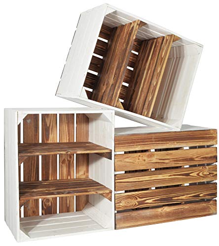 CHICCIE 3 Set Holzkiste Grete Geflammt Weiß 50x40x30cm - 2x Kurzes Regal Weinkiste von CHICCIE