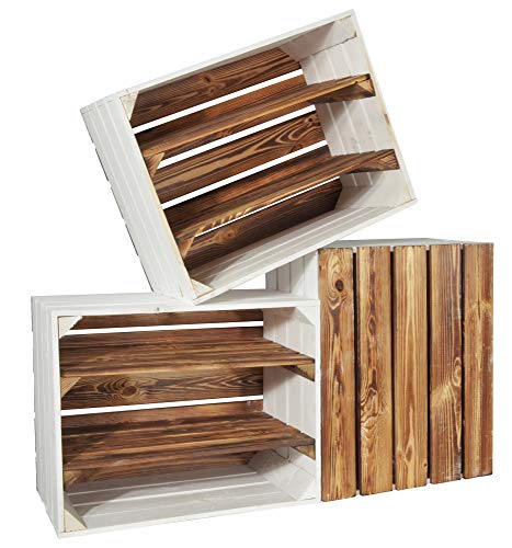 CHICCIE 3 Set Holzkiste Grete Geflammt Weiß 50x40x30cm - 2x Langes Regal Weinkiste von CHICCIE