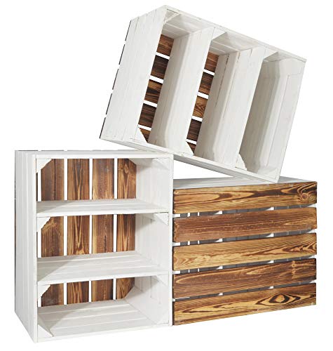 CHICCIE 3 Set Holzkiste Grete Weiß Geflammt 50x40x30cm - 2x Kurzes Regal Weinkiste von CHICCIE