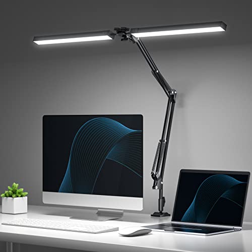 CHICLEW 24W LED Schreibtischlampe, Doppelkopf Schwanenhals Tischlampe Dimmbar, 3 Farbtemperaturen & Stufenloses Dimmen Leselampe, Augenschutz klemmlampe, Arbeitslampe Architektenlampe für Heim/Büro von CHICLEW