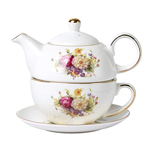 CHILDIKE Europäische Porzellan Tea for One, Vintage Floral Teekanne und Untertasse Set, Gold Trim Floral Teekanne, Teetasse mit Untertasse Set von CHILDIKE