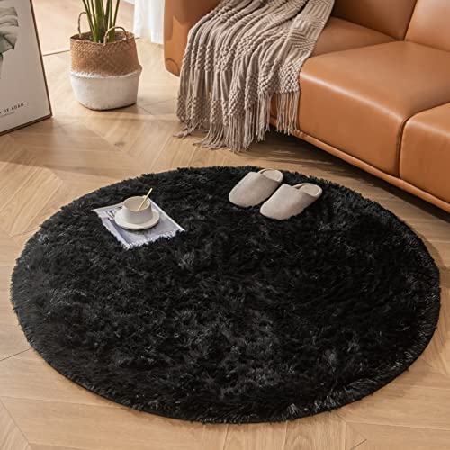 CHOSHOME Runden Teppiche Rund 120CM Weich Groß rutschfest Waschbar Teppich Wohnzimmer Hochflor Teppich Shaggy Modern Langflorteppich Schlafzimmer Kuschelig Bettvorleger Home schwarz Waschbarer von CHOSHOME