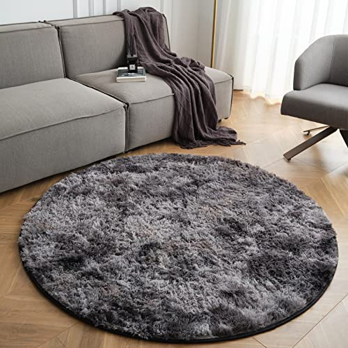 CHOSHOME Teppich Rund Batik Flauschig Teppich Wohnzimmer Hochflor Waschbar Runder Teppich Runde Wohnzimmer Shaggy Modern Weich Groß rutschfest Waschbar Teppich 120CM, Dunkelgrau/Schwarz von CHOSHOME