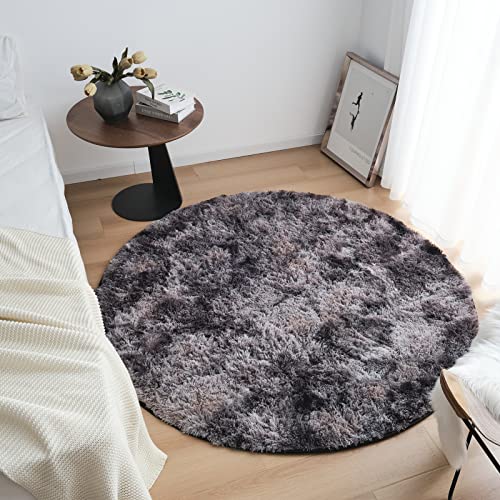 CHOSHOME Teppich Rund Batik Flauschig Teppich Wohnzimmer Hochflor Waschbar Runder Teppich Runde Wohnzimmer Shaggy Modern Weich Groß rutschfest Waschbar Teppich 80CM, Dunkelgrau/Schwarz von CHOSHOME