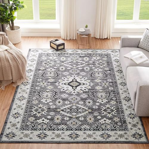 CHOSHOME Teppich Wohnzimmer 160x230CM Teppich Waschbar in Waschmaschine Teppiche Teppich Schlafzimmer Grau Boho Vintage Kurzflor Teppich Flauschiger In und Outdoor Teppiche rutschfest von CHOSHOME