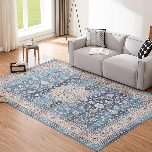 CHOSHOME Teppich Wohnzimmer 200x290CM Waschbar in Waschmaschine Teppiche Teppich Schlafzimmer Blau Boho Teppich Vintage Kurzflor Teppich Flauschiger In und Outdoor Teppiche rutschfest von CHOSHOME