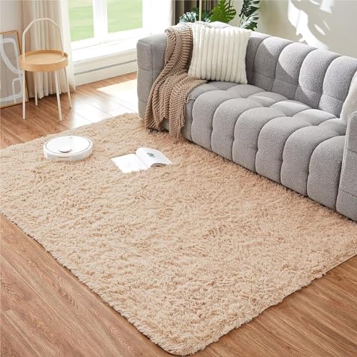 CHOSHOME Teppich Wohnzimmer Beige Schlafzimmer Teppich Modern Flauschig Weich Teppich Wohnzimmer Läufer Carpet Langflor Shaggy Einfarbig Bettvorleger Anti-Rutsch Unterseite Teppich 120x180CM von CHOSHOME