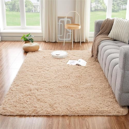 CHOSHOME Teppich Wohnzimmer Beige Schlafzimmer Teppich Modern Flauschig Weich Teppich Wohnzimmer Läufer Carpet Langflor Shaggy Einfarbig Bettvorleger Anti-Rutsch Unterseite Teppich 150x240CM von CHOSHOME