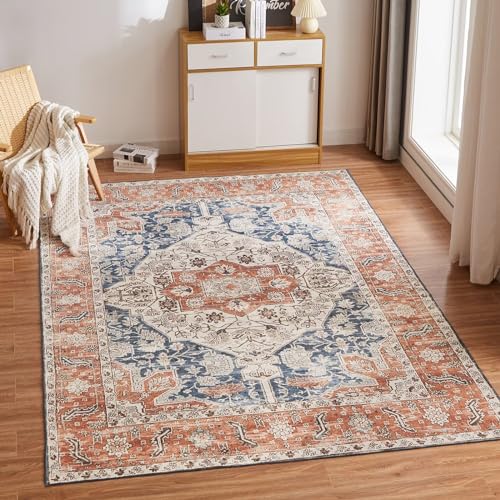 CHOSHOME Teppich Wohnzimmer Waschbarer Vintage Kurzflor Teppich Orientalisch Weiche Teppich für Schlafzimmer Boho Teppich rutschfest In und Outdoor Teppich 80x150CM Orange Waschbar in Waschmaschine von CHOSHOME